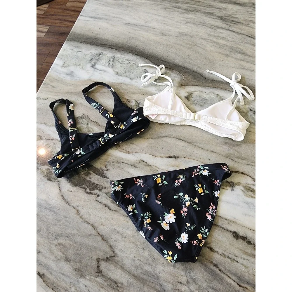 Xhilaration Womens Bikini Lot 3pc Black Floral White Swiss Dot Swimsuit Set S‎